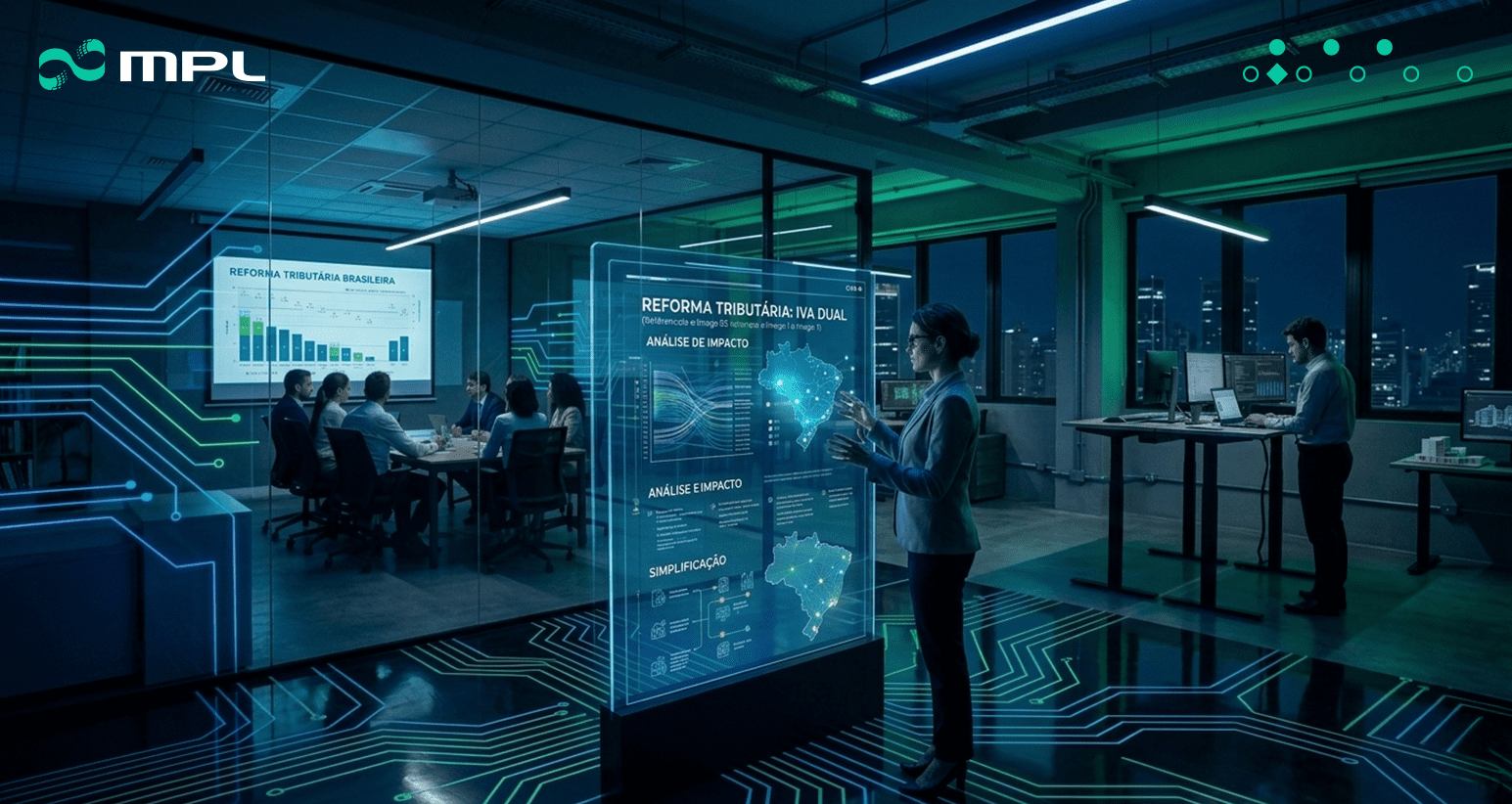 Sala de reunião moderna com painel digital mostrando informações sobre a reforma tributária no Brasil, discutindo o que muda no JD Edwards.