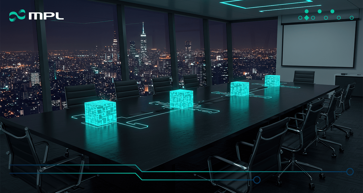 Business meeting in a modern room overlooking the city, representing AI governance and advanced technologies.