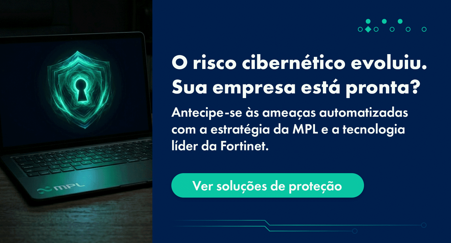 Imagem de um laptop com escudo de segurança digital representando soluções de risco cibernético, com texto sobre estratégias para proteger empresas contra ameaças automizadas.