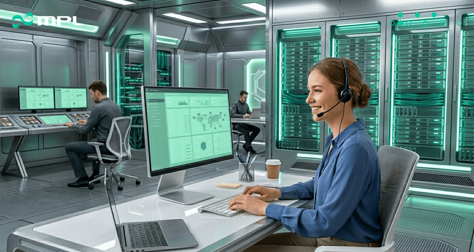 Atendente em central de atendimento com headset usando computador em ambiente tecnológico, conectada a servidores e telas verdes que representam ia para atendimento ao cliente.